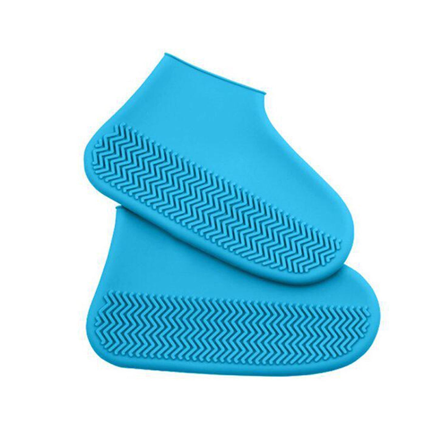 Two blue silicone shoe covers with textured, non-slip soles are stacked on a white background.