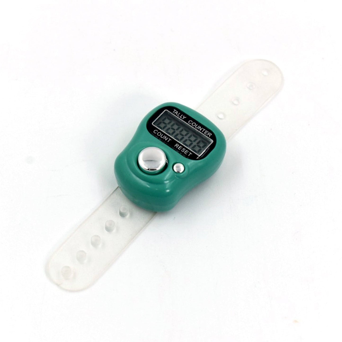A green digital tally counter with a clear plastic wrist strap is displayed on a white background.
