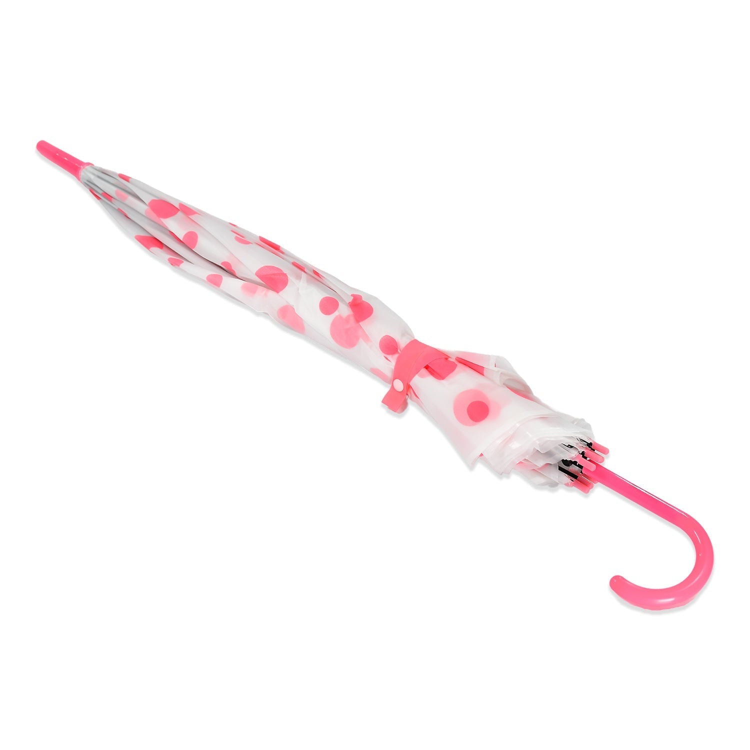 A closed white umbrella with pink polka dots and a pink hooked handle is shown on a white background.