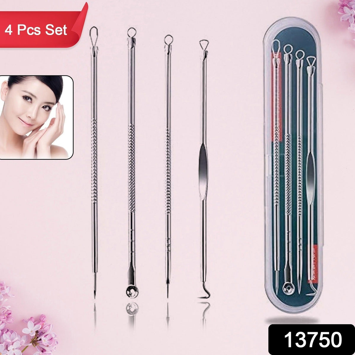 Four stainless steel blackhead remover tools and their case are displayed against a pink background with a woman's face