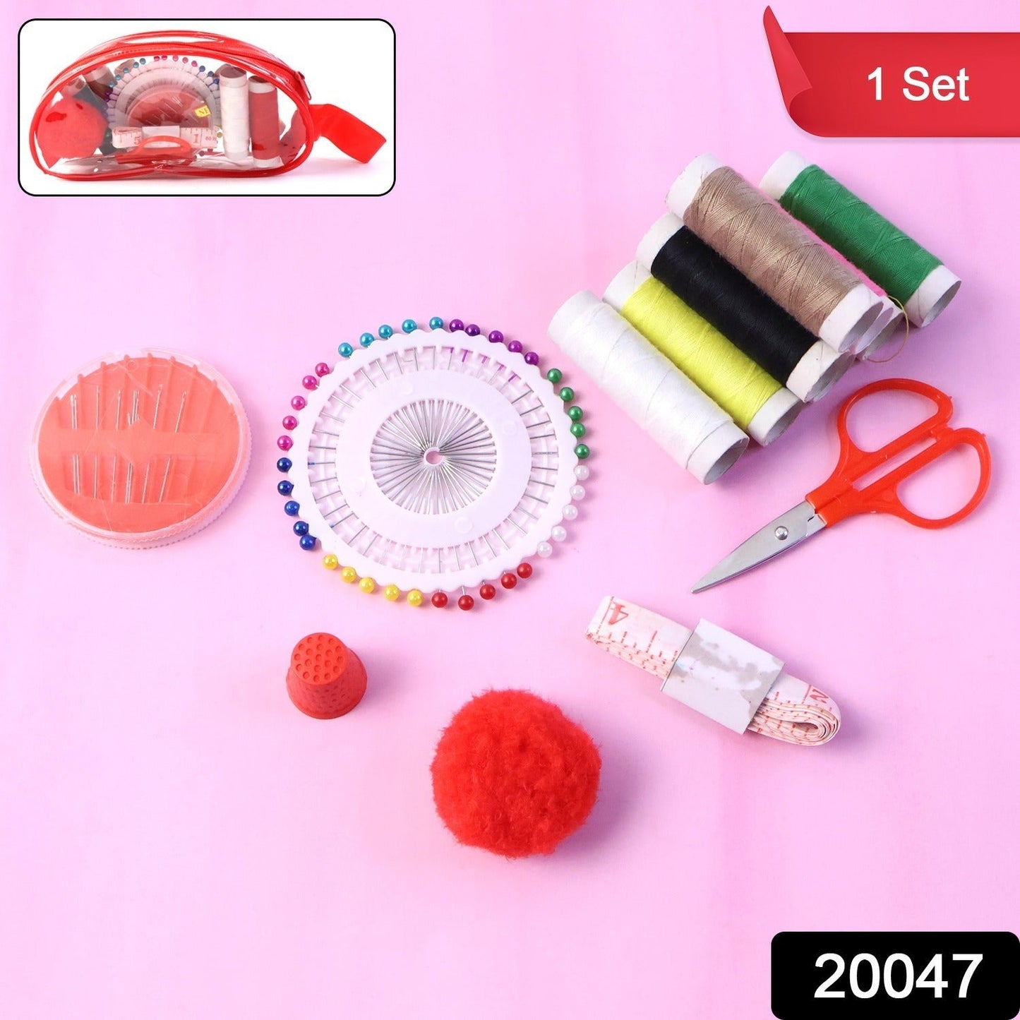 Sewing kit with assorted threads and needles for fabric repair