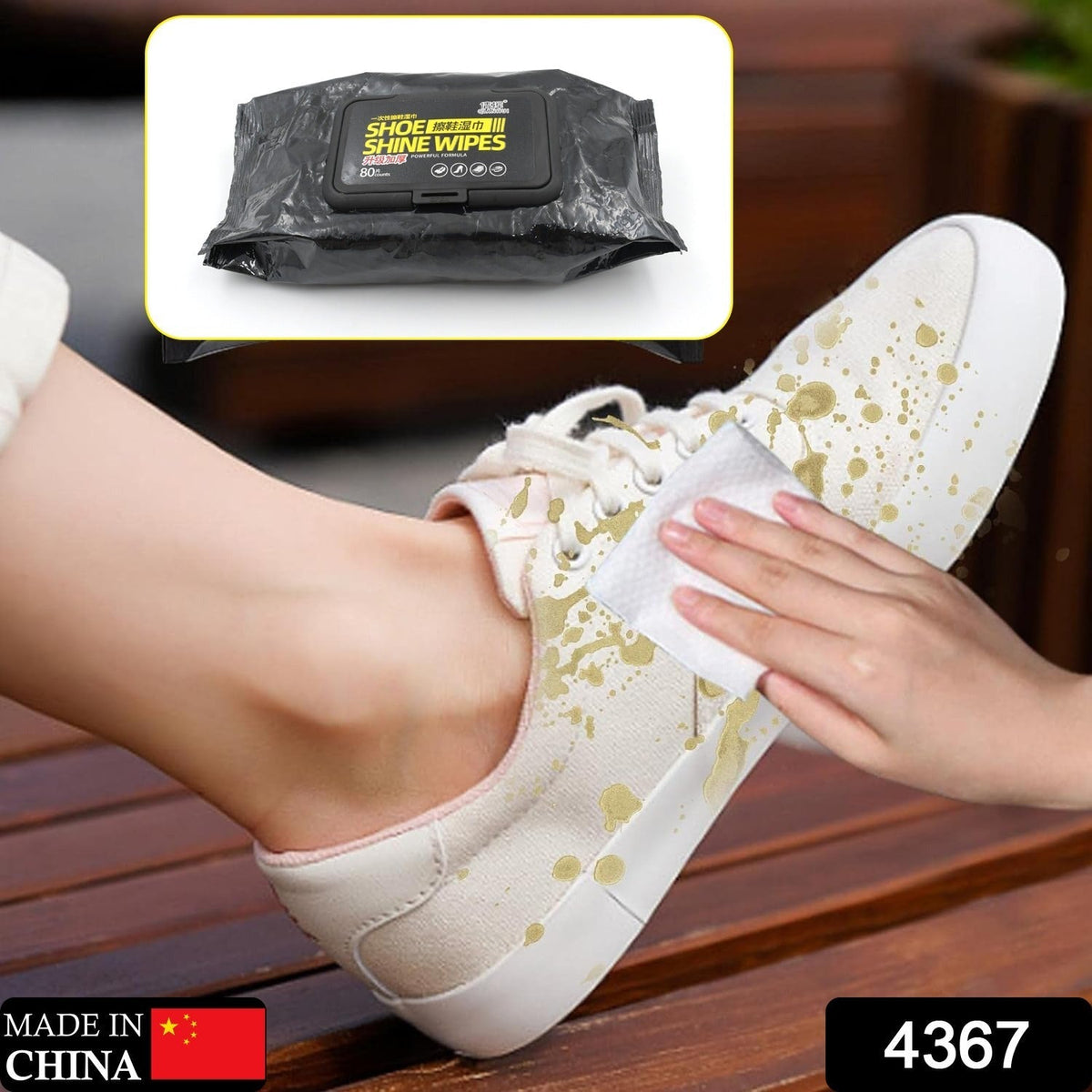 A black pack of "Shoe Shine Wipes" with yellow text is shown in a white bordered inset at the top.