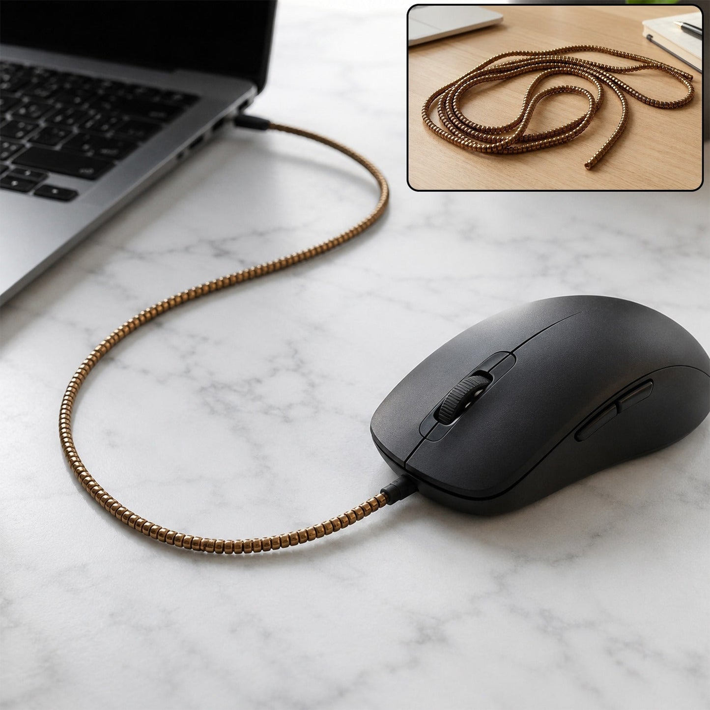 A black mouse connected to a laptop via a gold spiral cable protector, with an inset showing the coiled protector.