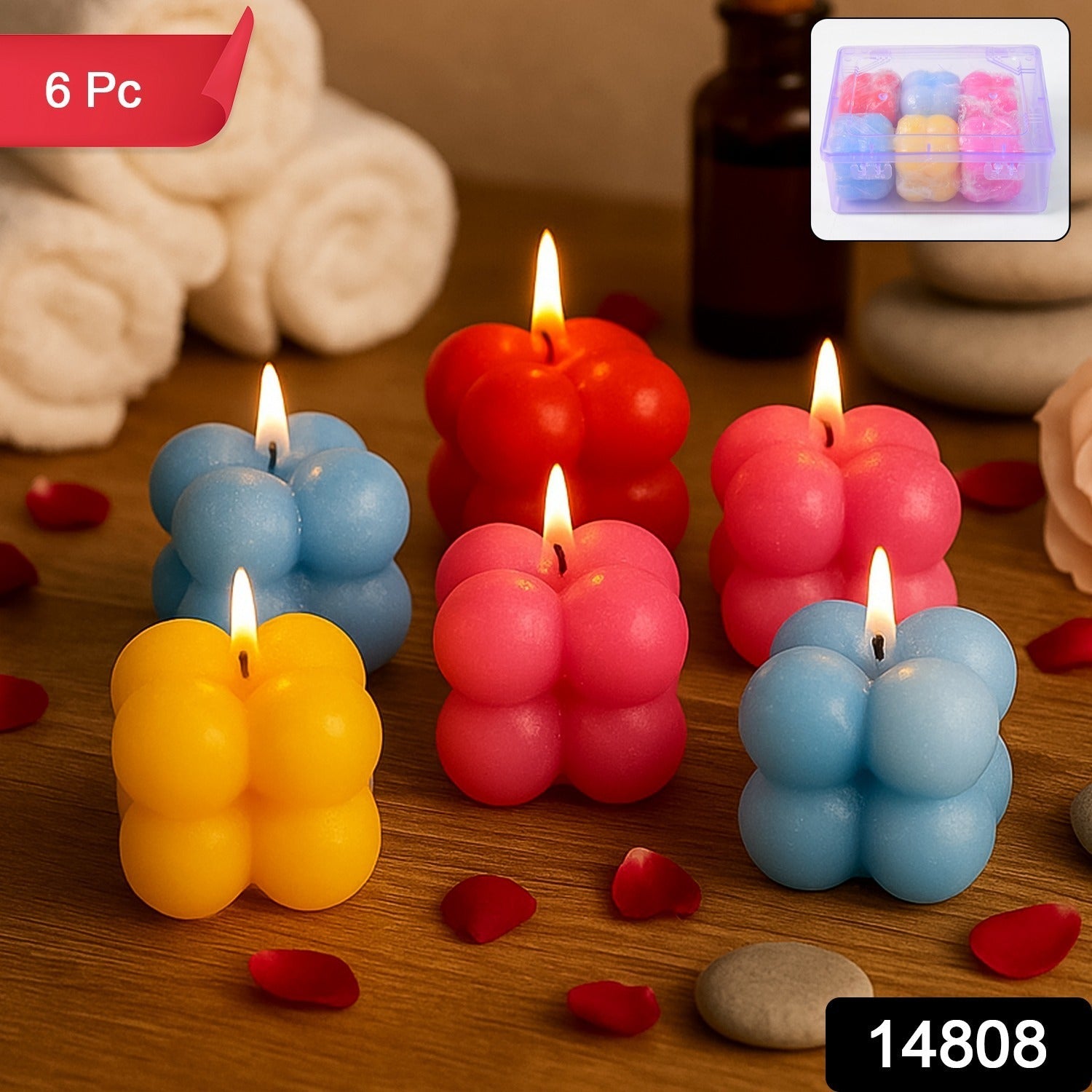 Close-up view of vibrant multicolor bubble cube wax candles hand-poured for home decor