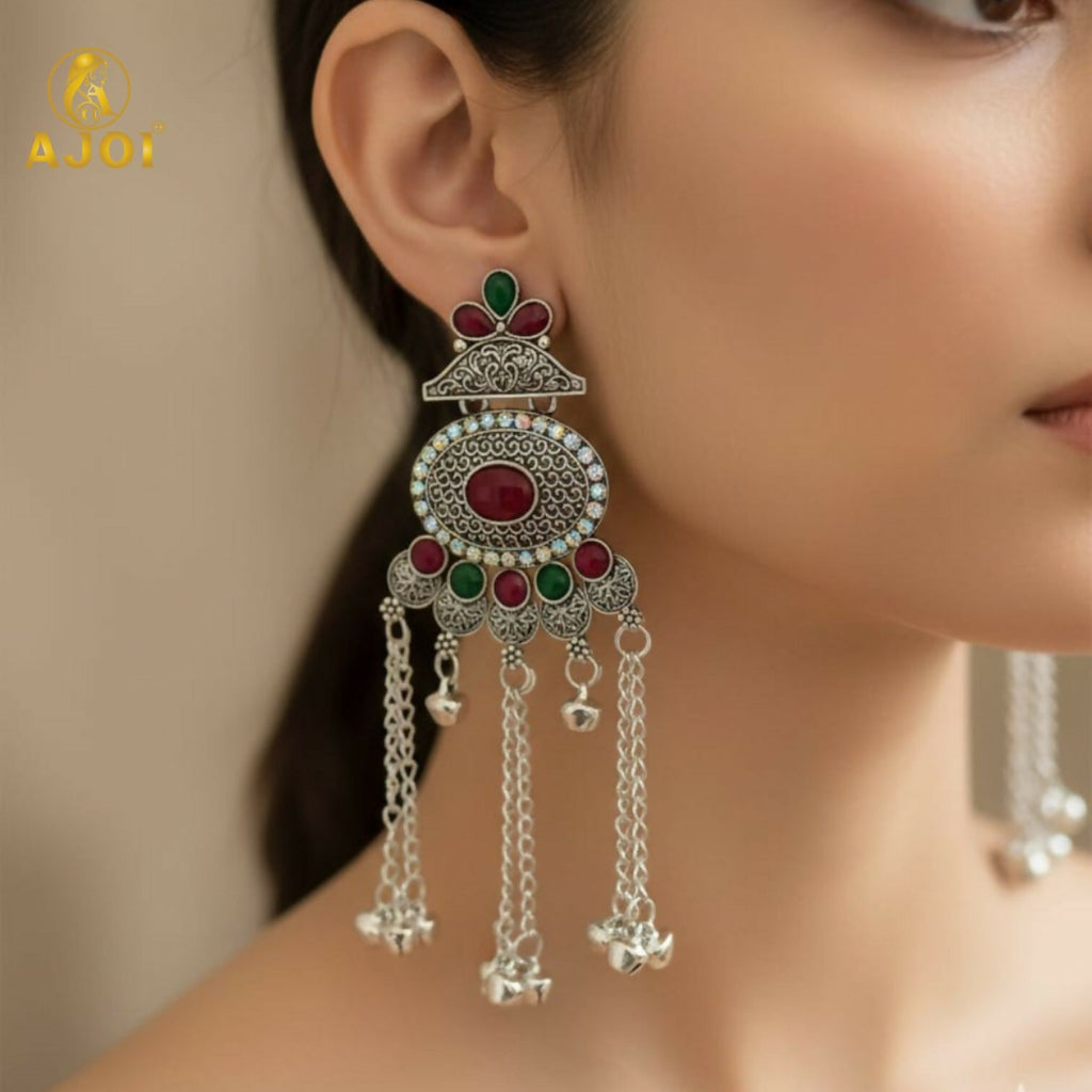 Kashmiri Style Oxidised Silver Long Earrings For Women And Girls