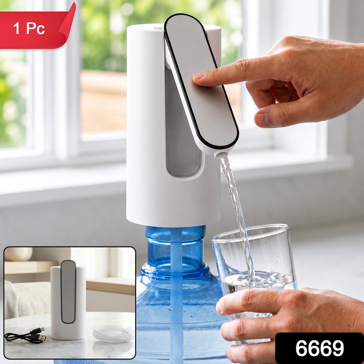 A person's hand presses a button on a white and gray foldable water dispenser, filling a glass with water from a large