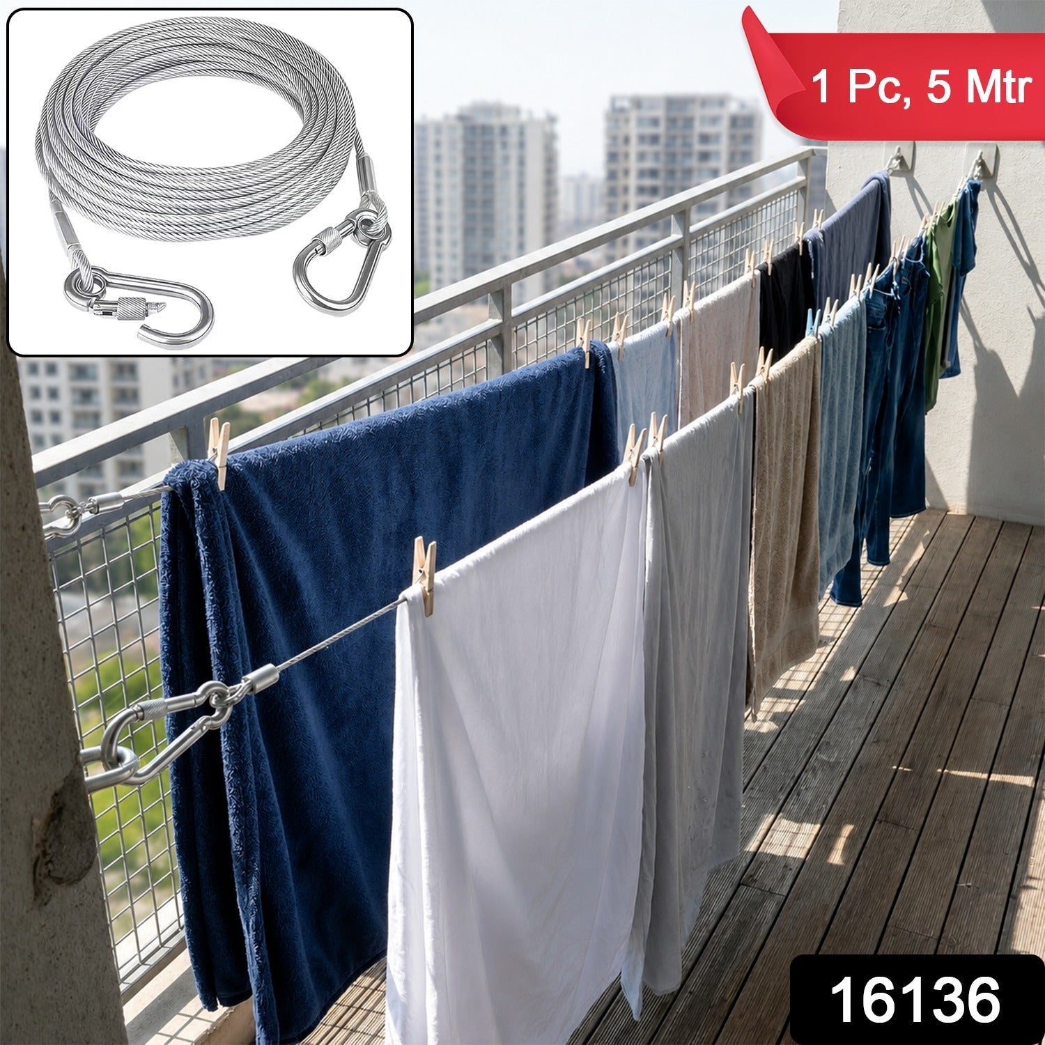 Steel clothesline holding wet clothes without sagging