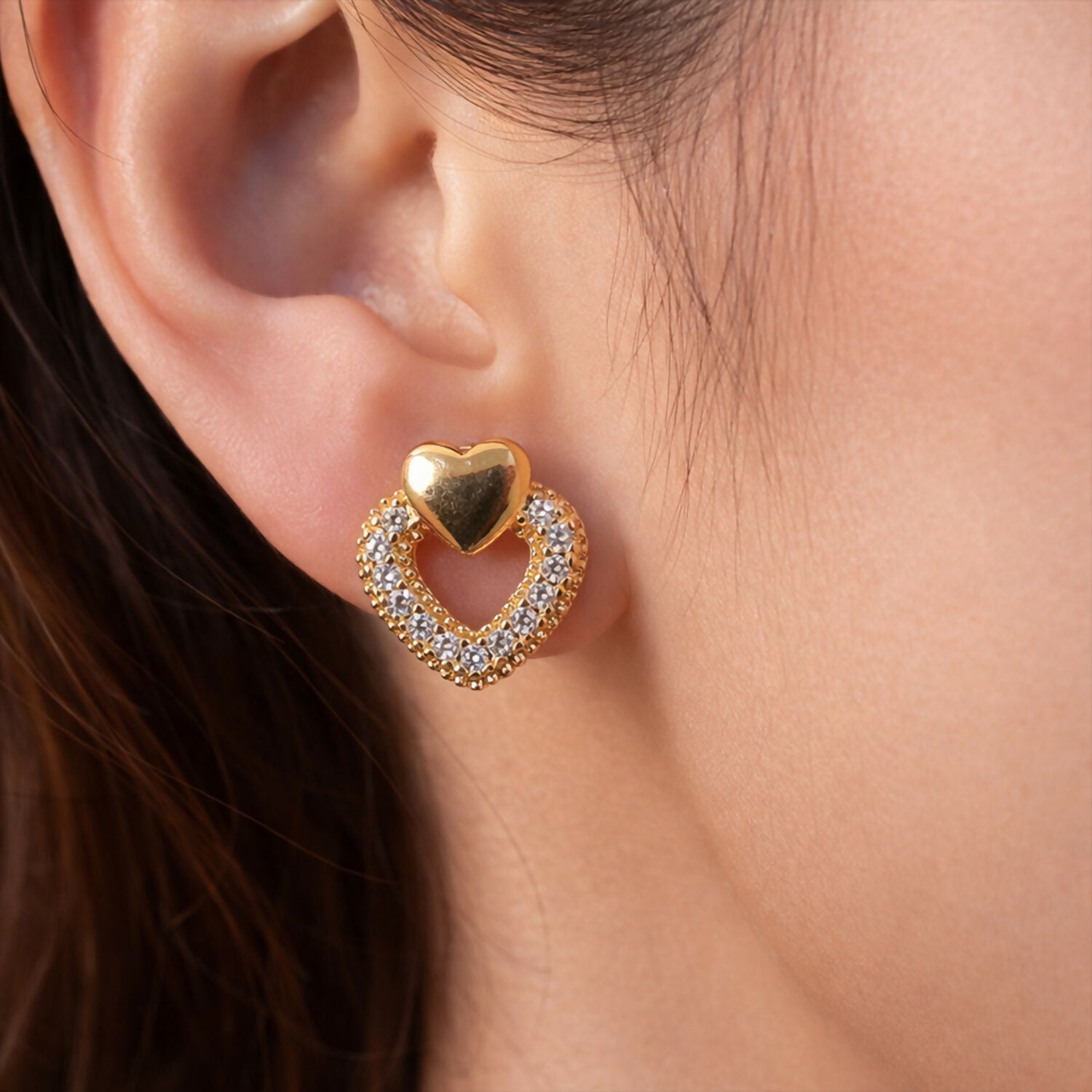 Heart Design Stud Earrings with Crystal-Style Accents For Woman & Girl