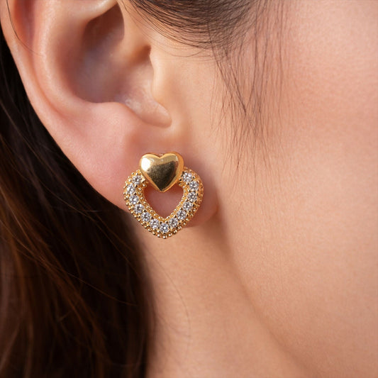 Heart Design Stud Earrings with Crystal-Style Accents For Woman & Girl