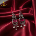 Premium Antique Silver Earrings with Pink Square Beads and Pearl Hangings.