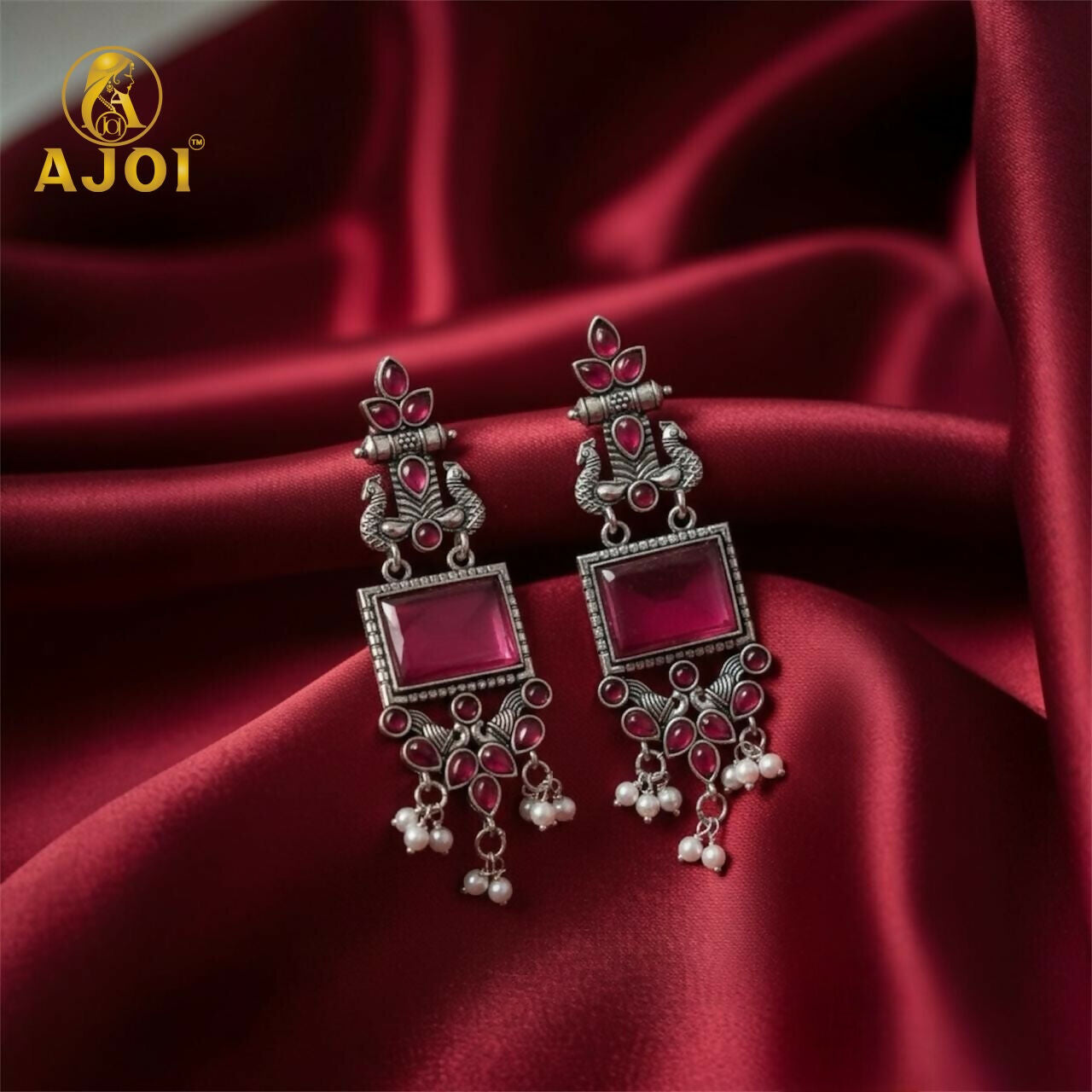 Premium Antique Silver Earrings with Pink Square Beads and Pearl Hangings.