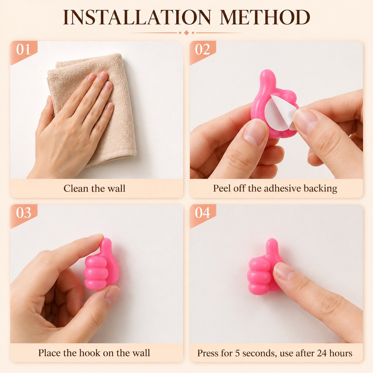 Installation steps for thumb cable holder — peel and stick
