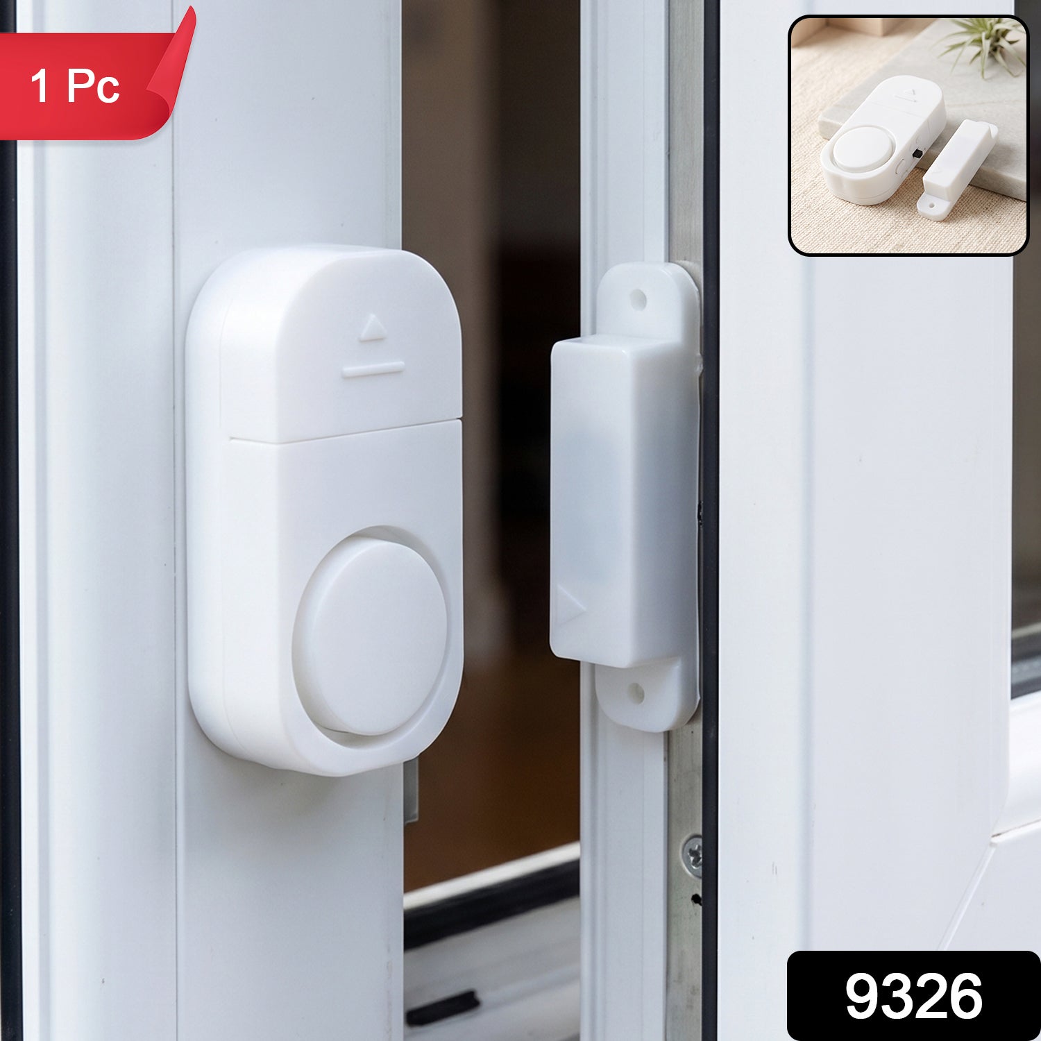 A white magnetic door and window security alarm is shown on a white window frame, with a small inset of the alarm on a