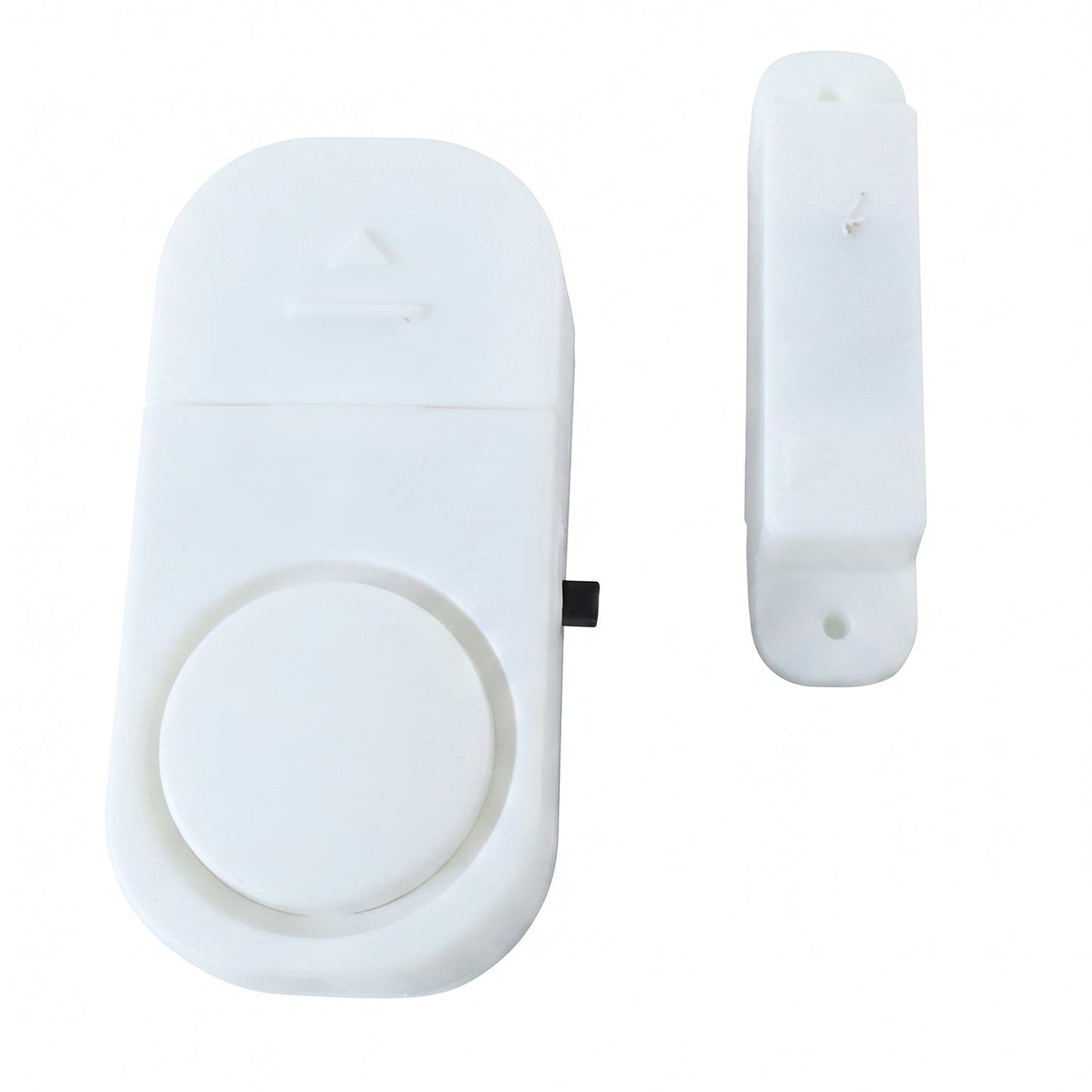 A white plastic magnetic door alarm and its smaller component are displayed against a plain white background.