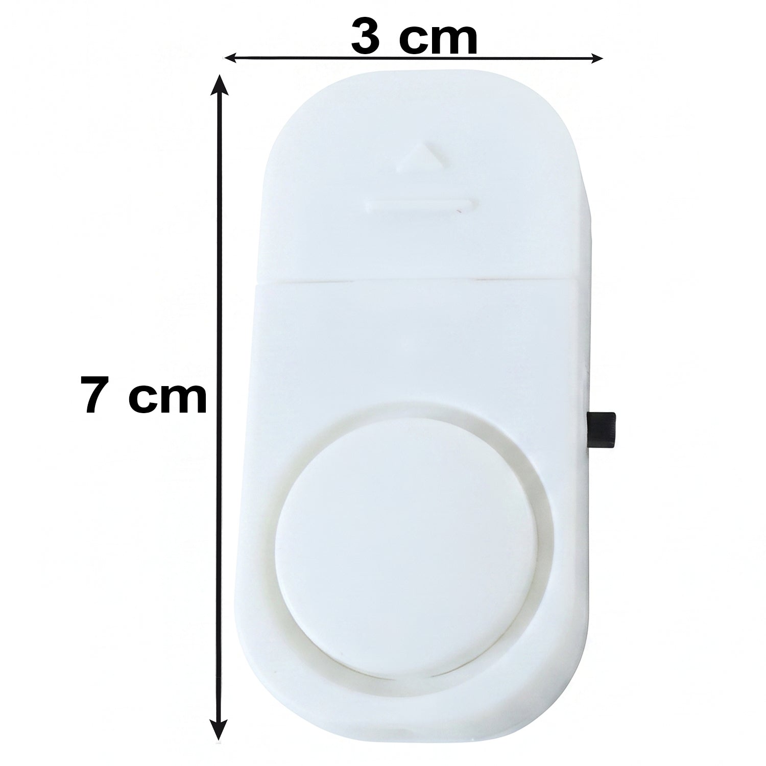 A white plastic magnetic door alarm is shown with its dimensions, 7 cm in length and 3 cm in width, indicated by arrows.