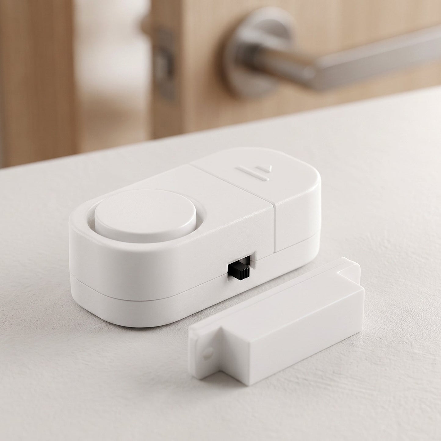 The white magnetic door alarm and its smaller magnetic piece are on a white surface, with a blurred wooden door in the