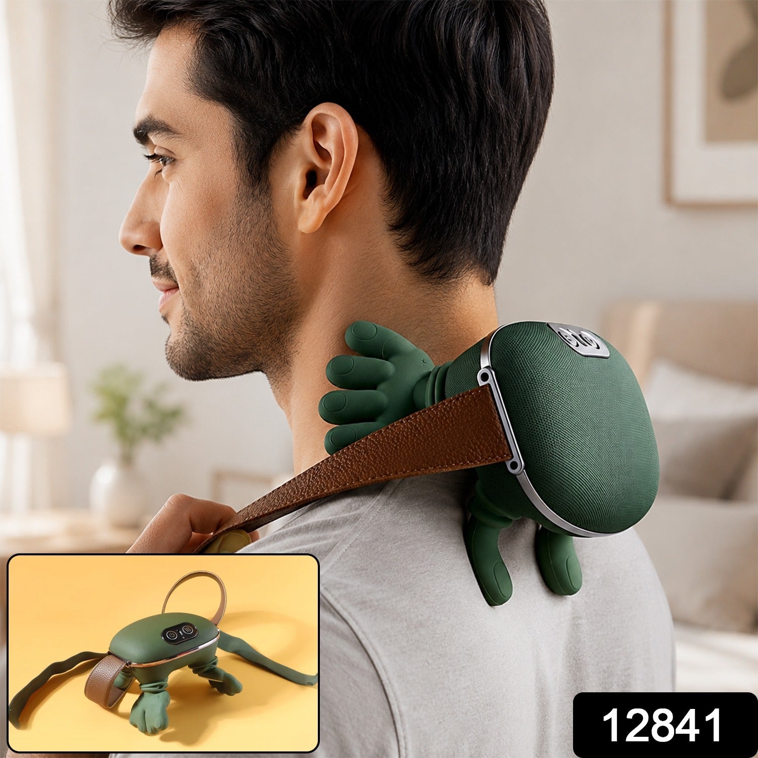Man wearing a bionic neck massager for neck pain relief and relaxation