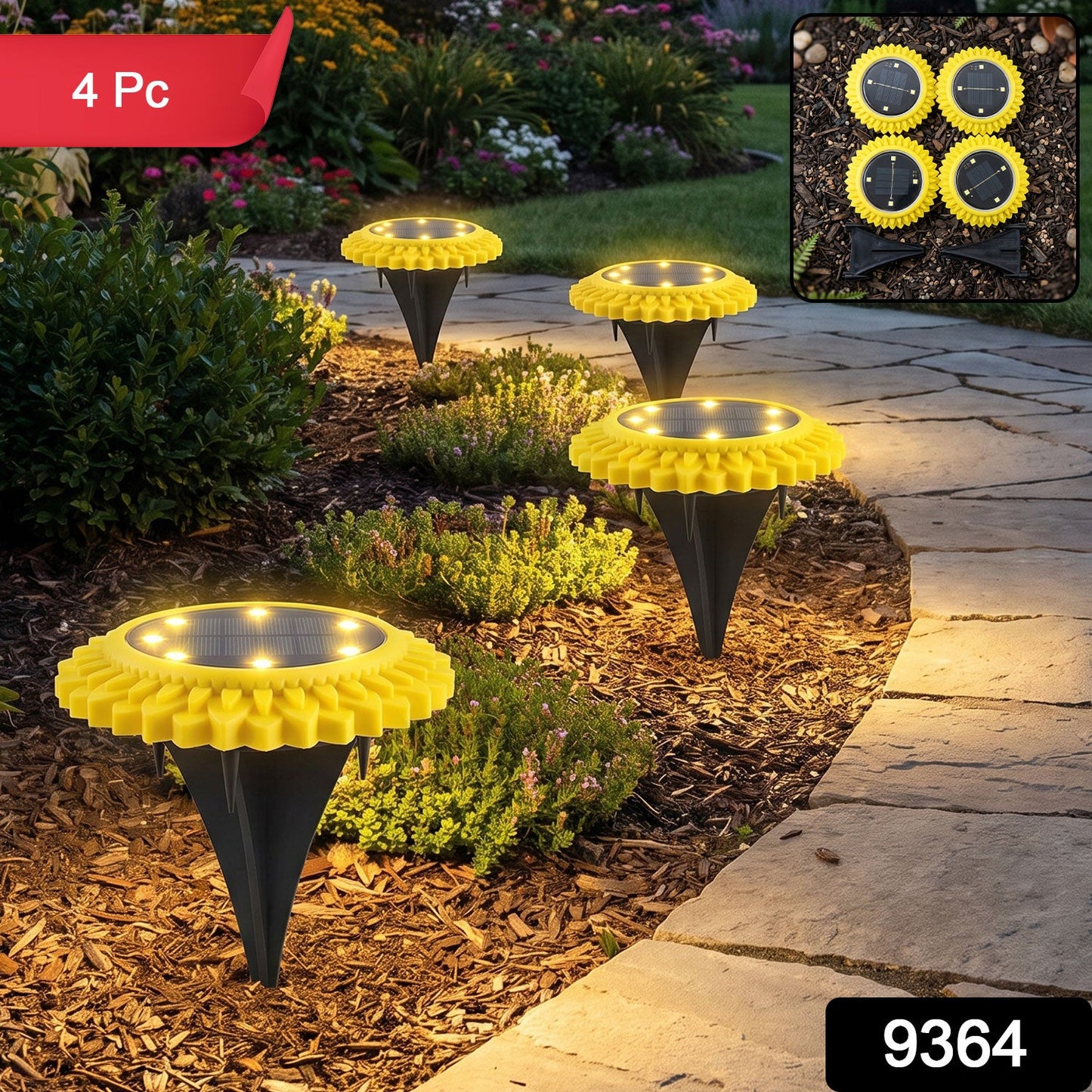 Four yellow and black solar ground lights illuminate a garden path at dusk, with a red "4 Pc" banner and "9364" label.