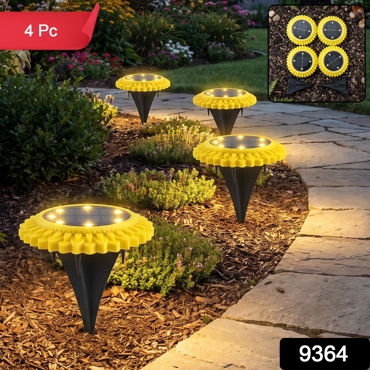 Four yellow and black solar ground lights illuminate a garden path at dusk, with a red "4 Pc" banner and "9364" label.