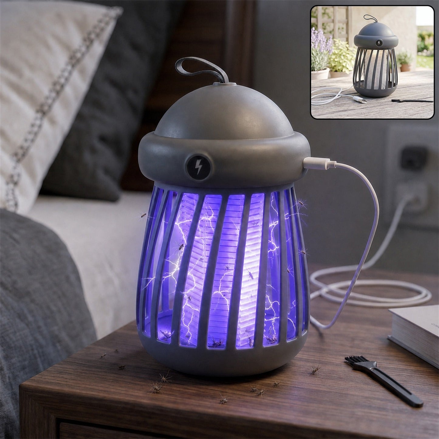 A gray mosquito killer lamp with a purple light and visible electric zaps sits on a wooden nightstand with dead mosquitoes