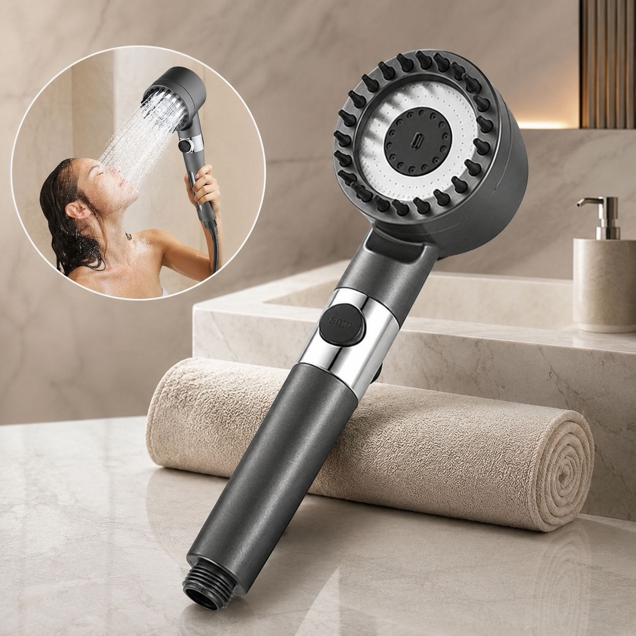 A dark gray shower head with a wide face and rubber bristles, next to a rolled towel, with an inset of a woman showering.