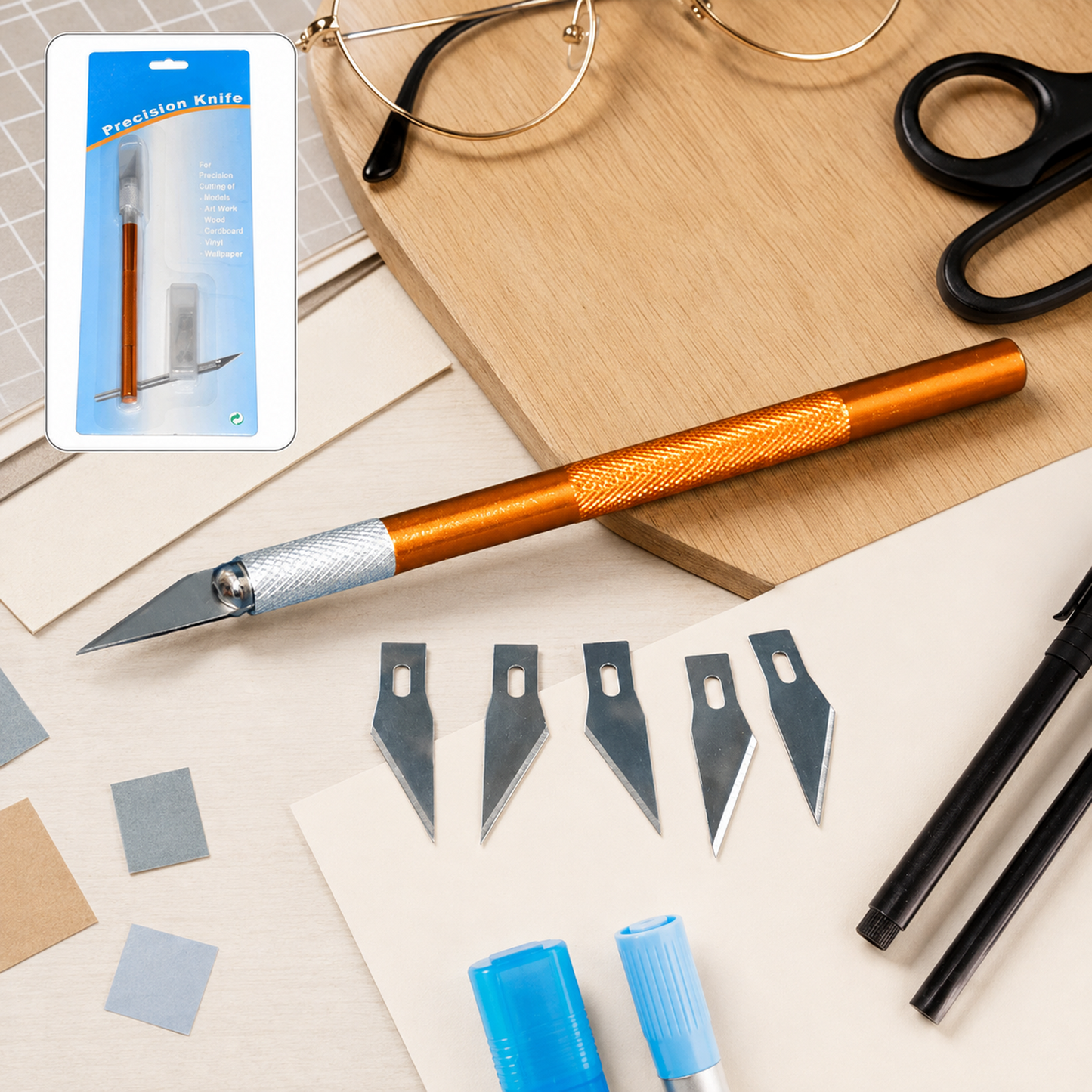 Orange precision knife, five blades, and packaging on a light desk with glasses and scissors.