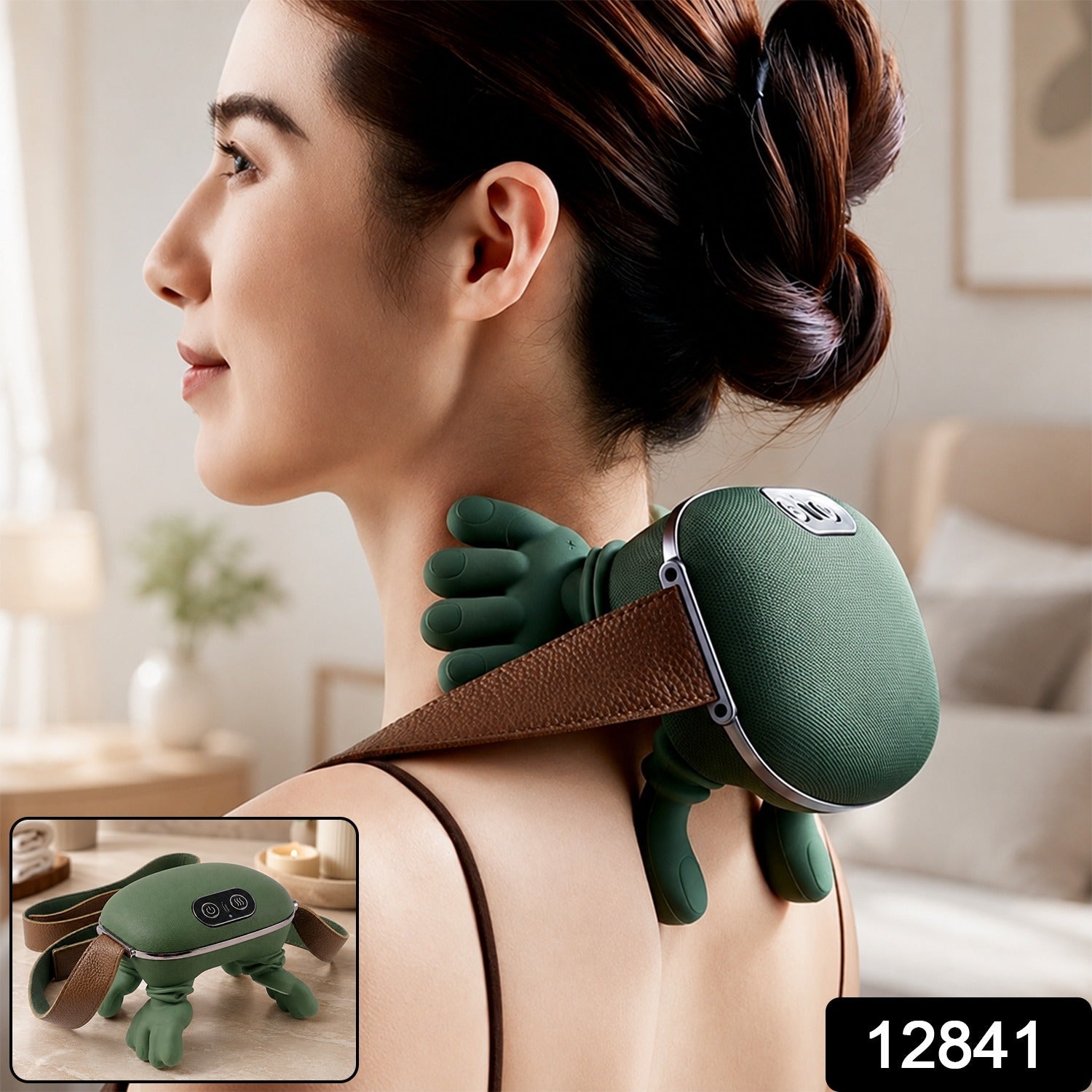 Woman wearing a green bionic neck massager for neck and shoulder relaxation
