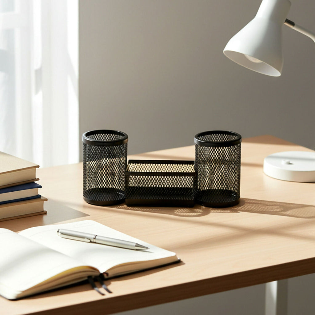 Dual Desk Mesh Pen Stand with Two Pencil Holders and Central Storage Tray for Office