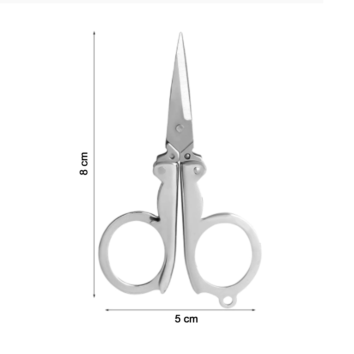 An open silver folding scissor is shown with its dimensions, 8 cm in length and 5 cm in width, on a white background.