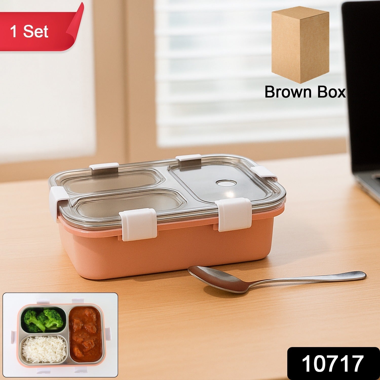 Leak-proof stainless steel lunch box with 3 compartments open, showing food separation.