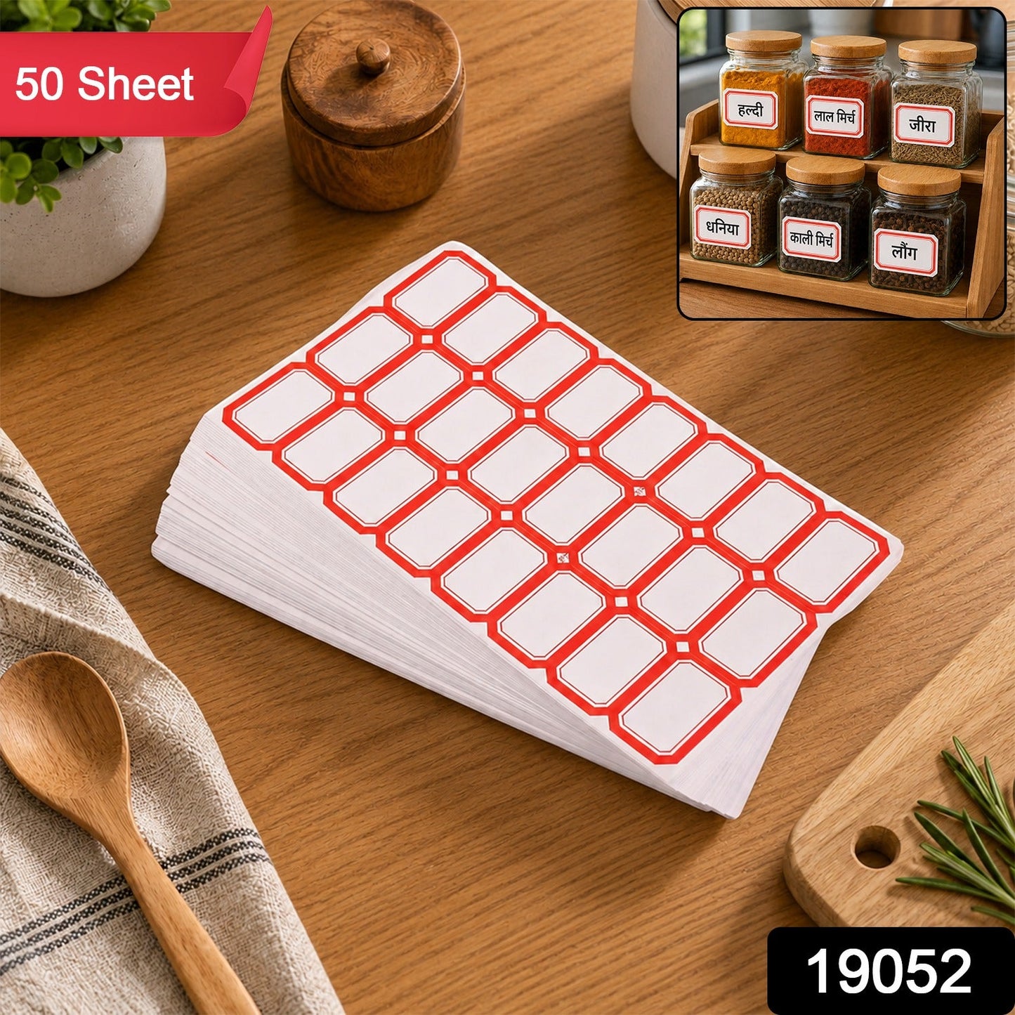 Stack of white labels with red borders on a wooden table, with '50 Sheet' and '19052' text overlays.