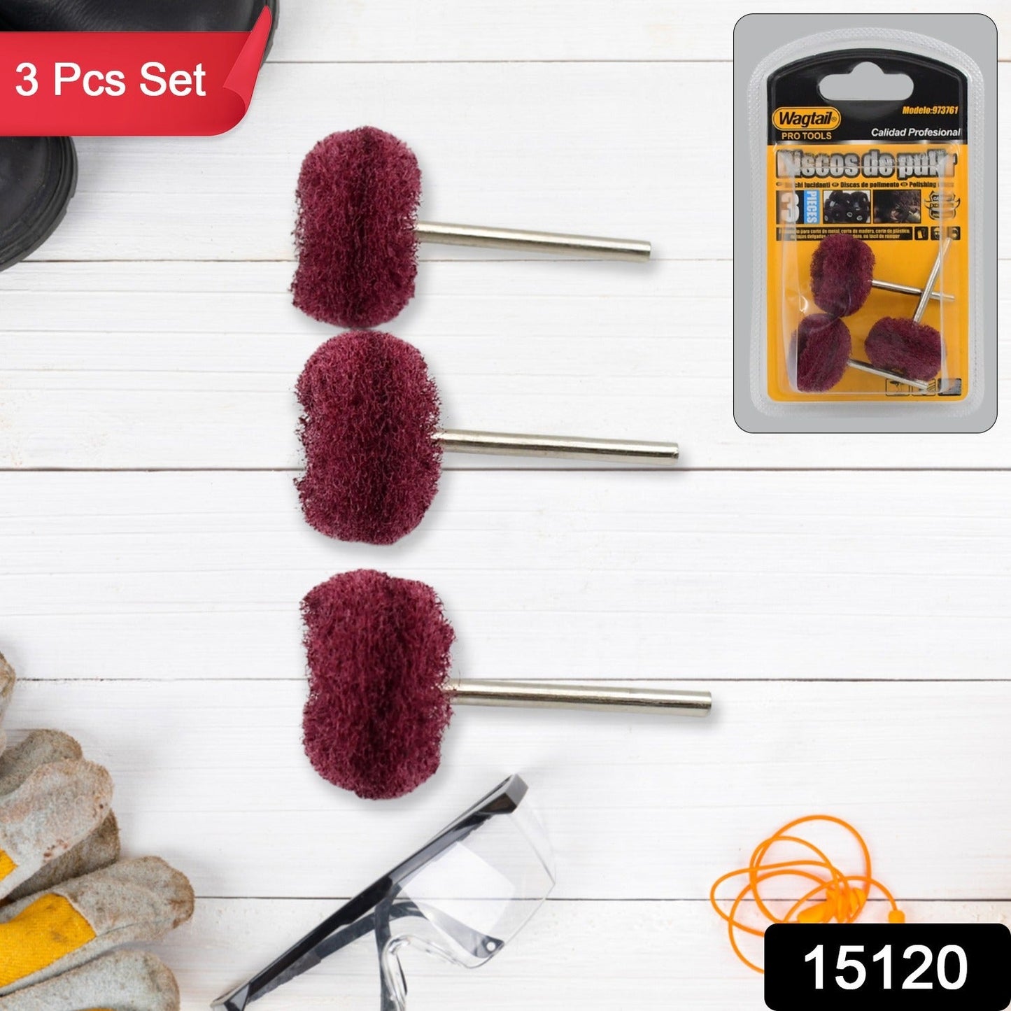 Three maroon buffing wheels with safety glasses, gloves, and a packaged set.