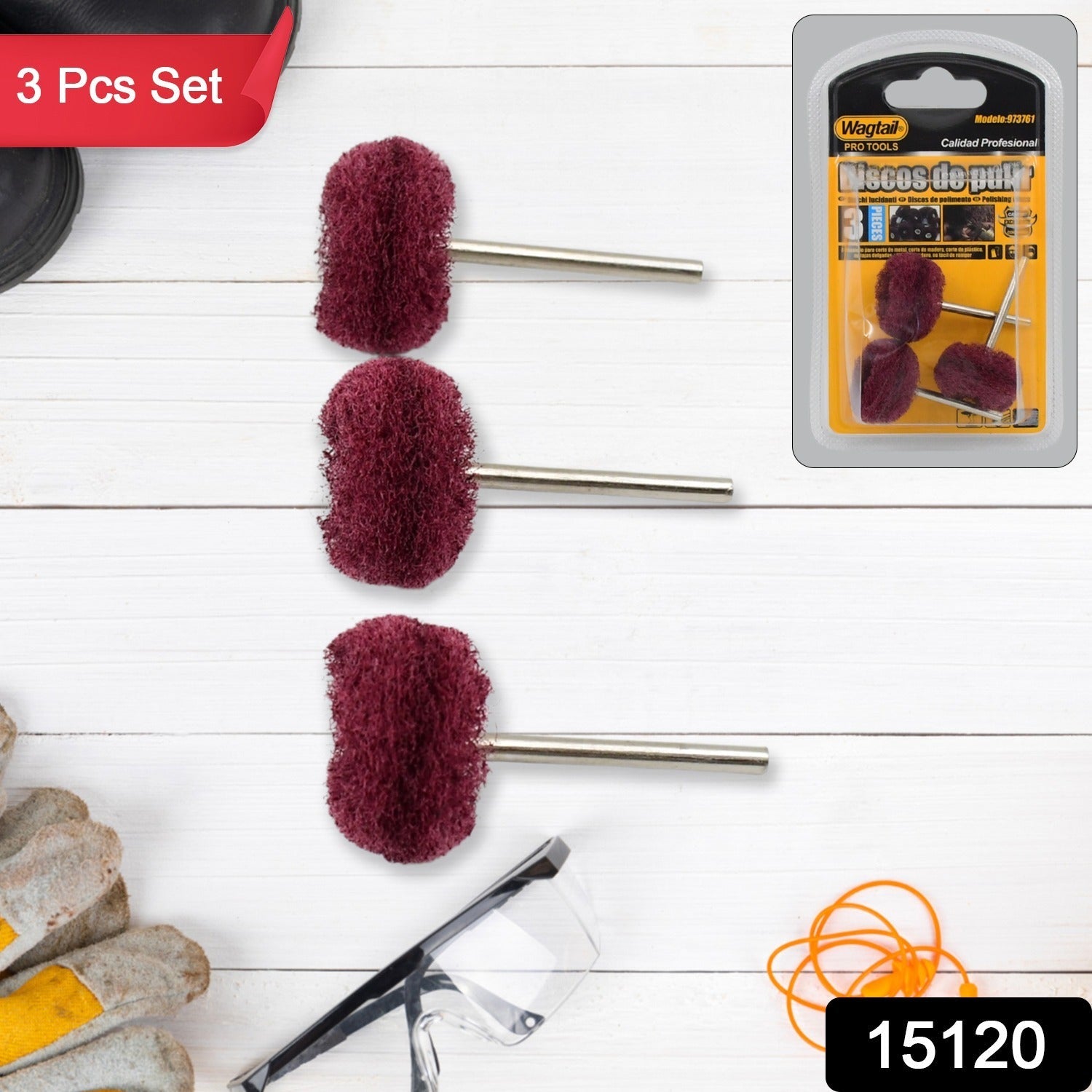 Three maroon buffing wheels with safety glasses, gloves, and a packaged set.