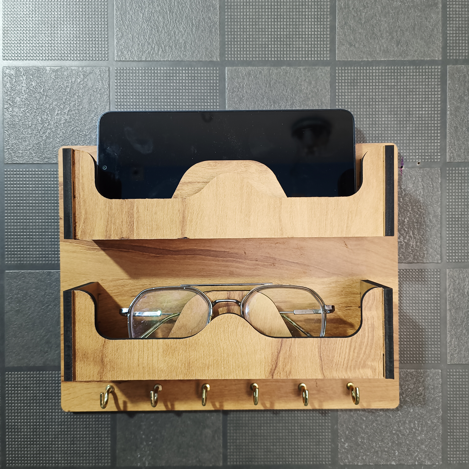 Double Layer Wooden Wall Mounted Organizer with Glasses Shelf and Key Hooks