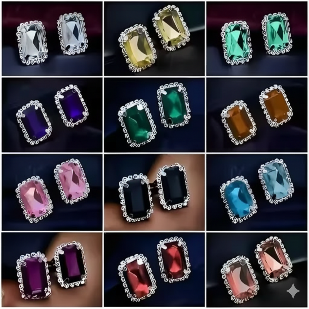 Emerald Cut Crystal Stud Earring Set, Multi-Color Royal Gemstone Collection - Set of 12Pair