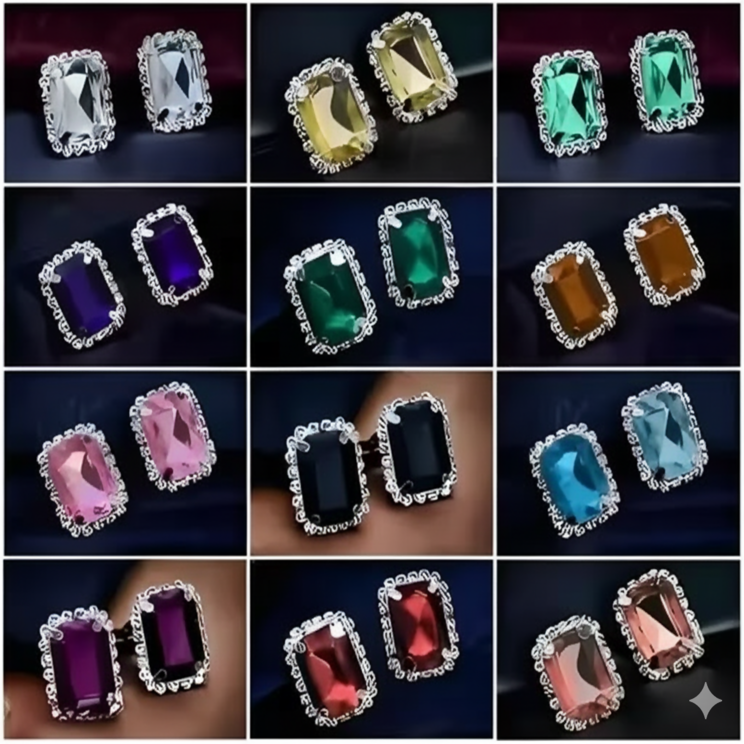 Emerald Cut Crystal Stud Earring Set, Multi-Color Royal Gemstone Collection - Set of 12Pair