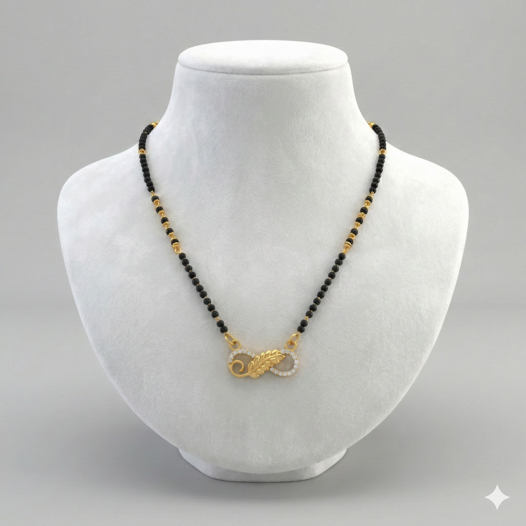 Gold Plated Infinity Leaf AD Mangalsutra with Black Beads for women