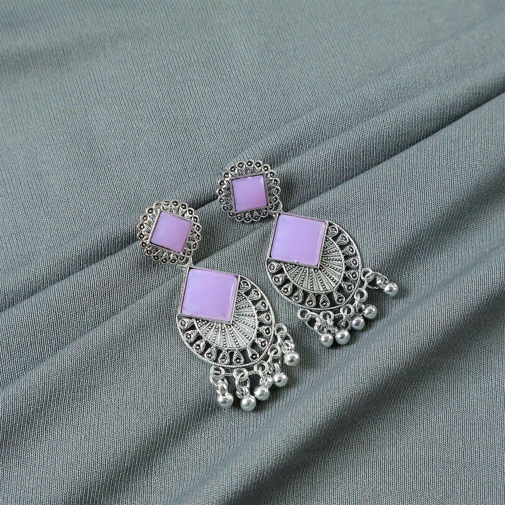 Traditional Indian Oxidized Silver Plated Dangle Earrings with Square Lavender