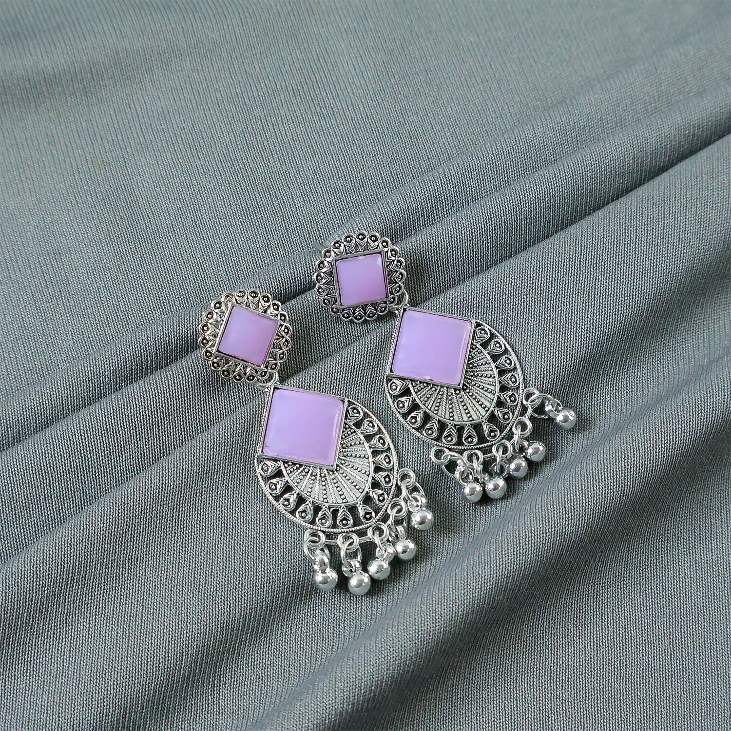 Traditional Indian Oxidized Silver Plated Dangle Earrings with Square Lavender