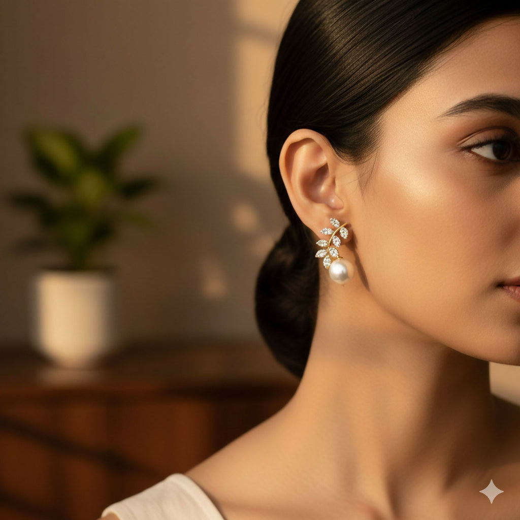 Luxurious Crystal Leaf & Pearl Ear Climbers – 14K Gold Plated Botanical Studs