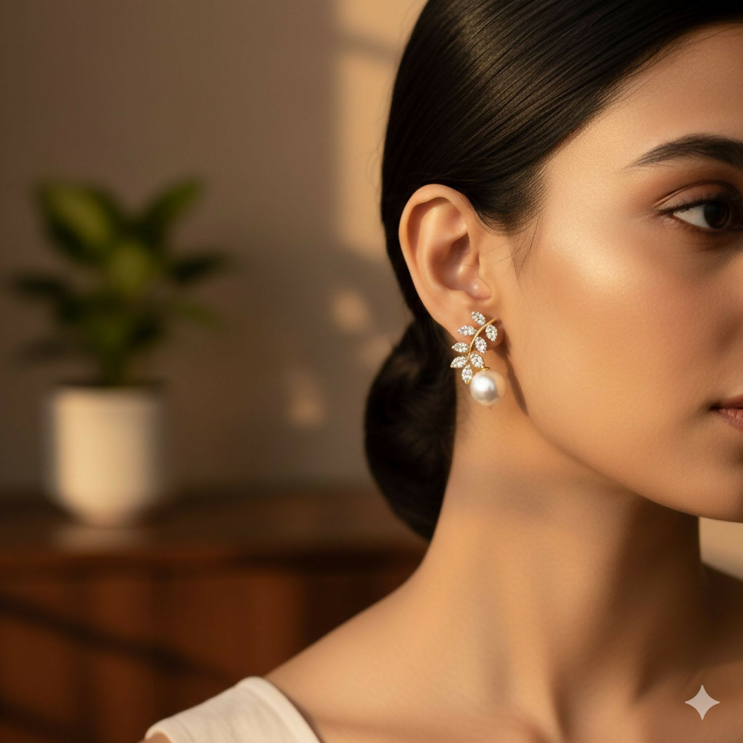 Luxurious Crystal Leaf & Pearl Ear Climbers – 14K Gold Plated Botanical Studs
