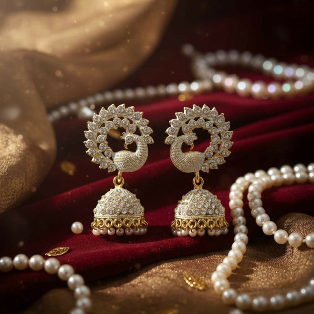 Elegant White Stone Pearl Jhumka Earrings