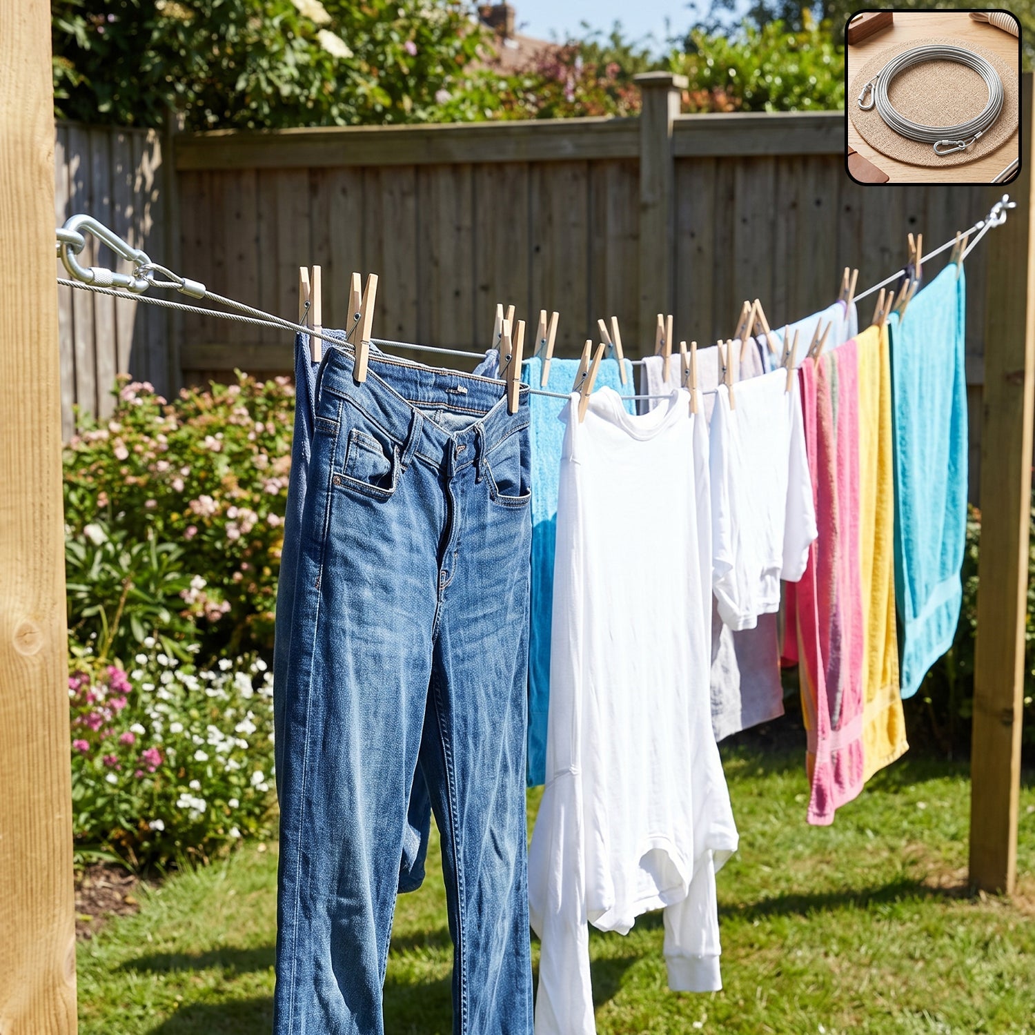 A stainless steel wire rope with carabiner hooks holds clothes on a line in a sunny backyard.