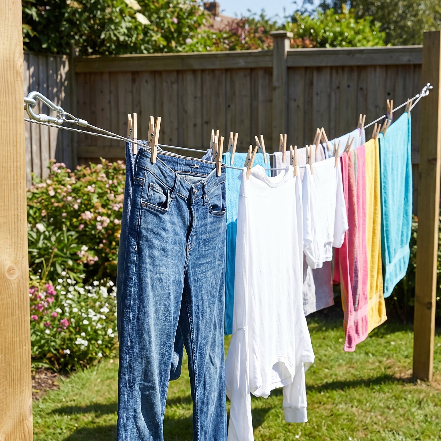 A clothesline made of stainless steel wire rope with carabiner hooks holds various garments in a garden.