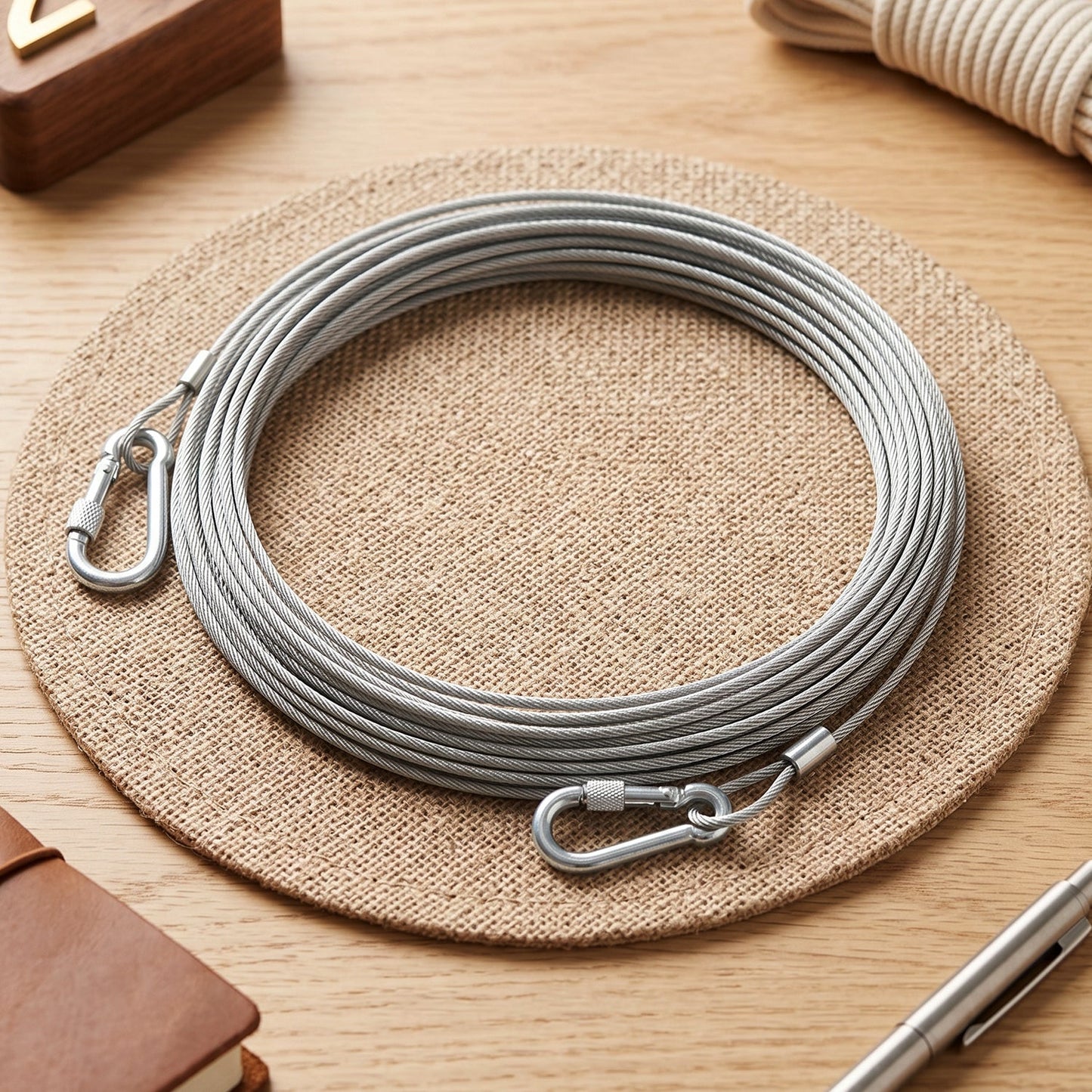 A coiled silver stainless steel wire rope with two carabiner hooks rests on a round woven mat.