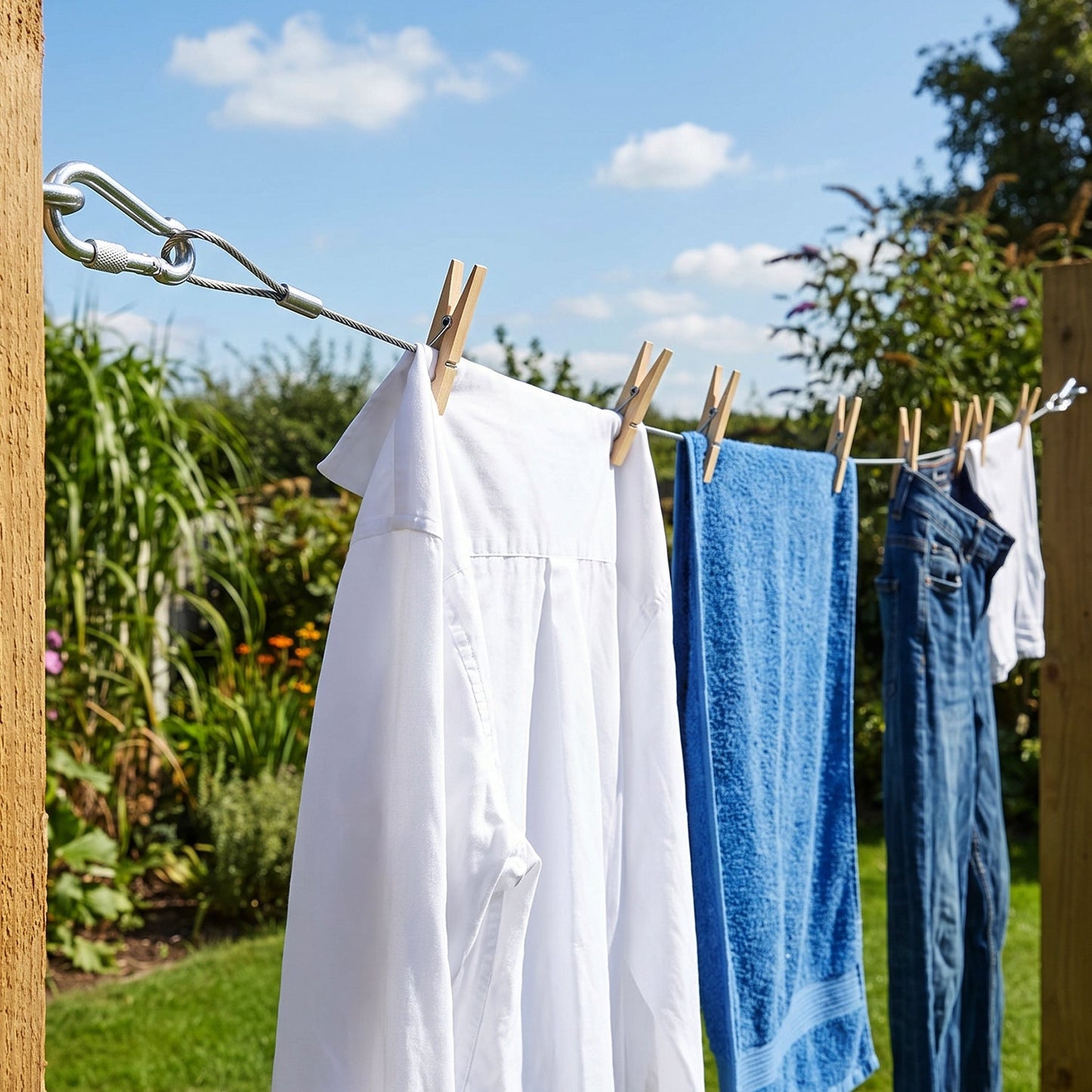 A stainless steel wire rope with a carabiner hook is securely attached to a wooden post, holding clothes.