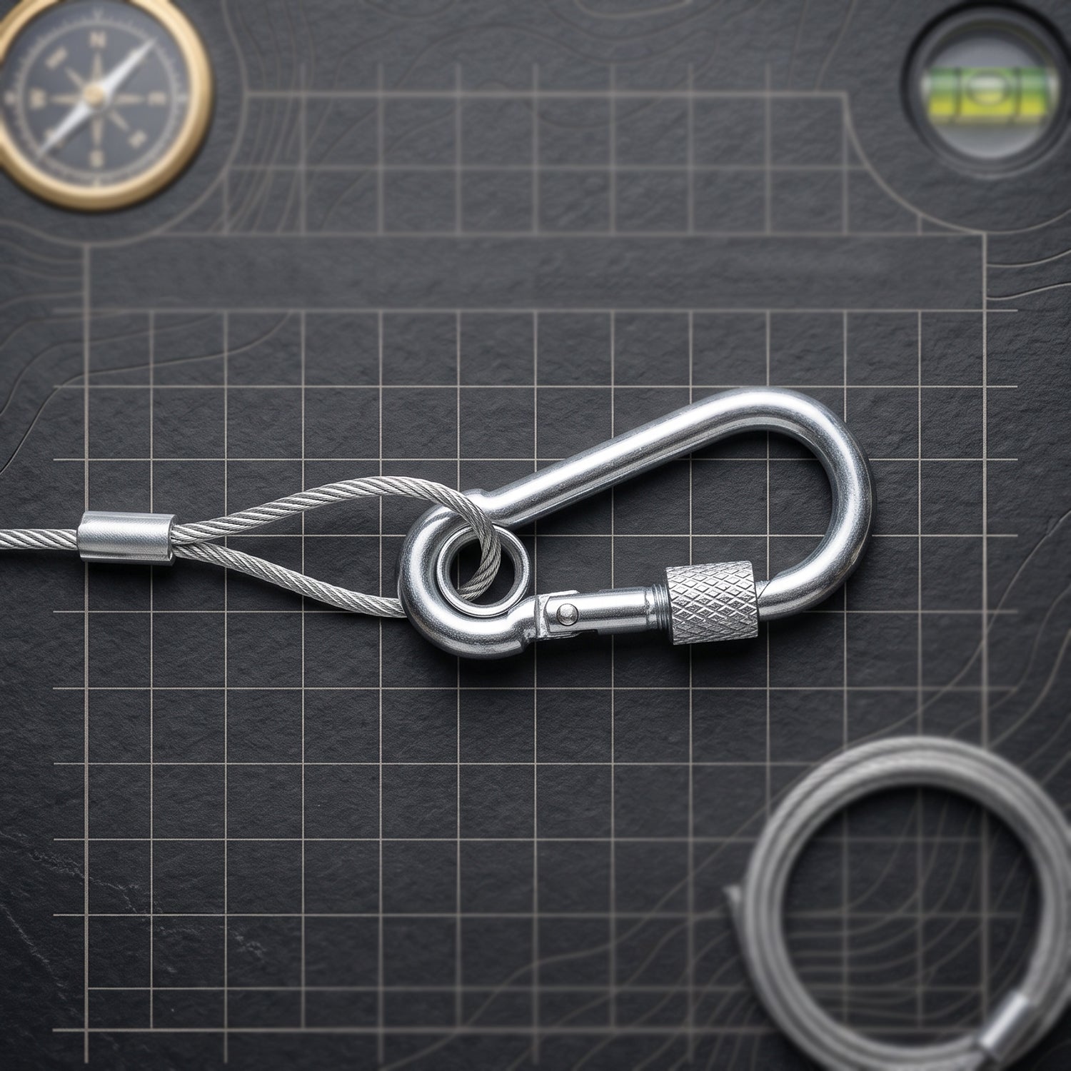 A close-up shows a silver carabiner hook attached to a braided stainless steel wire rope on a dark grid surface.