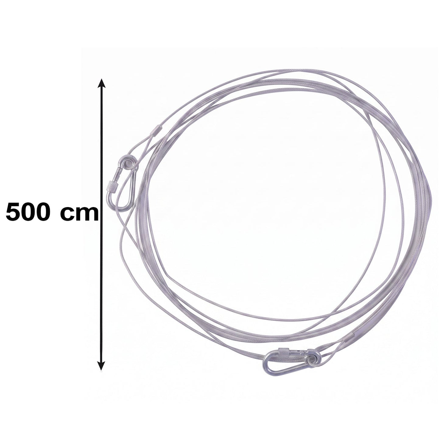 A silver stainless steel wire rope with two carabiner hooks is shown with a 500 cm measurement indicator.