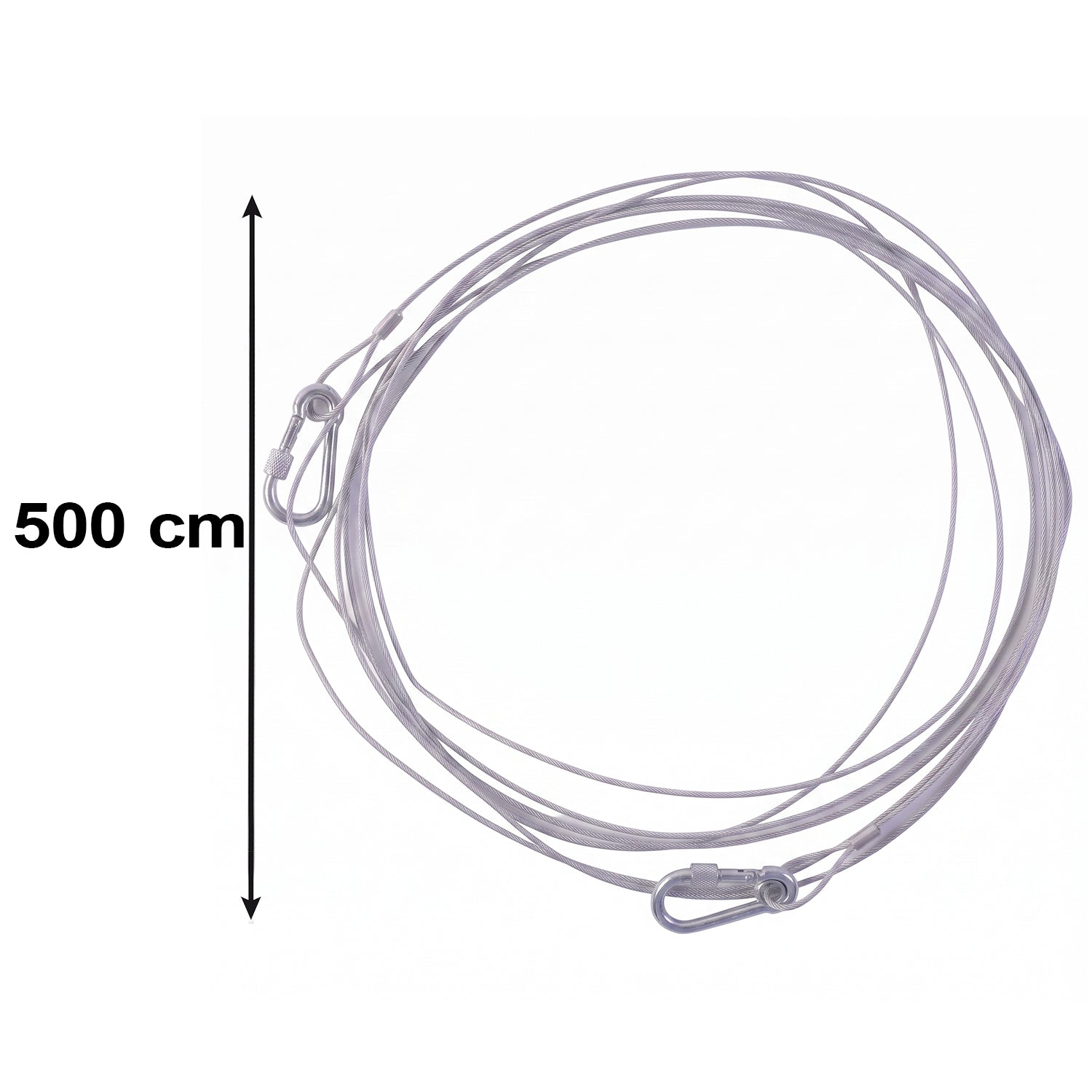 A silver stainless steel wire rope with two carabiner hooks is shown with a 500 cm measurement indicator.