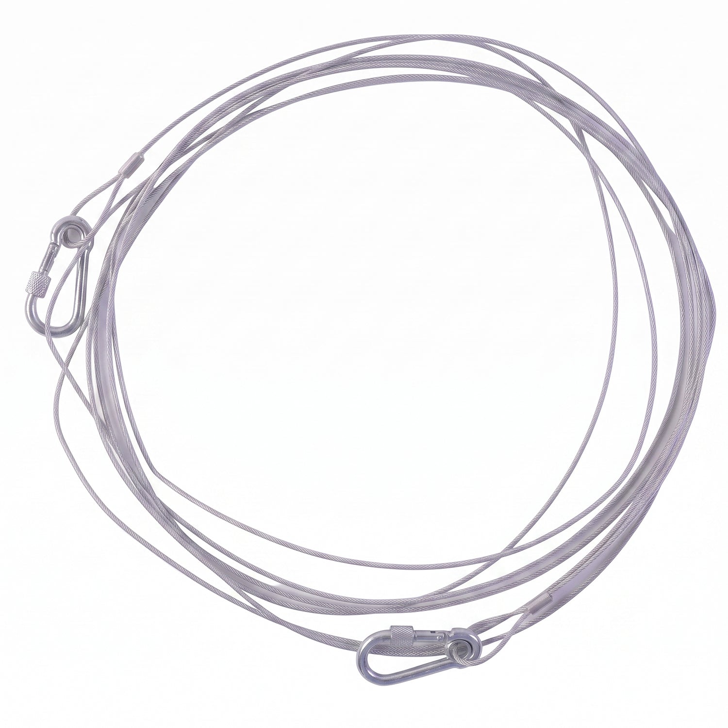 A silver stainless steel wire rope with two carabiner hooks is loosely spread out on a white background.